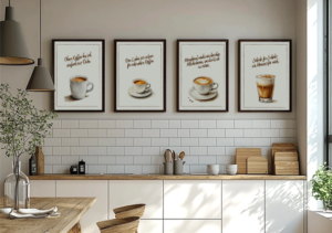 Mockup einer rustikalen Küche mit 4 Bilderrahmen und Bildern von den Kaffeespezialitäten