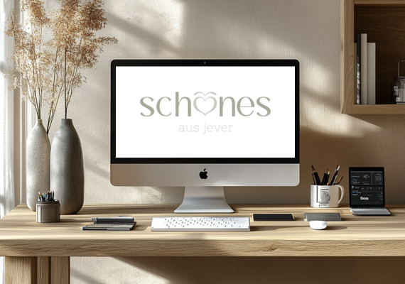 Schreibtisch mit Monitor und Logo schönes aus jever