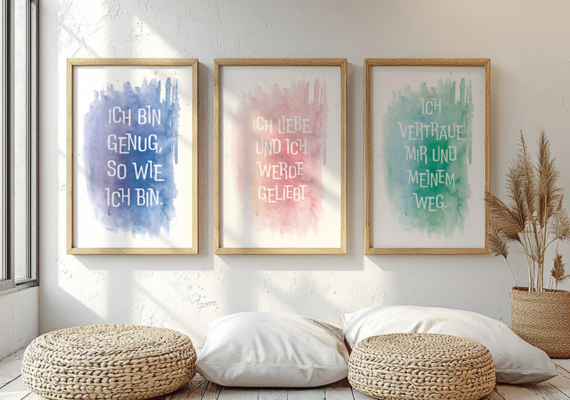 3 Poster Affirmationen auf Aquarell nebeneinander