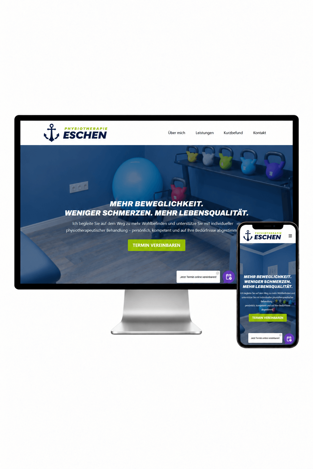 Monitor und Smartphone mit Website Physiotherapie Eschen